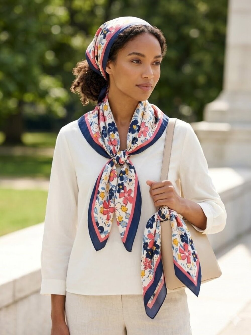 Floral Print Square Neck Scarf Navy Border 26x26 Inch